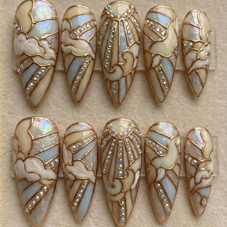 Hanmade Bridal Stained Glass Press On Nails 3D Gold Sun, Cloud Art