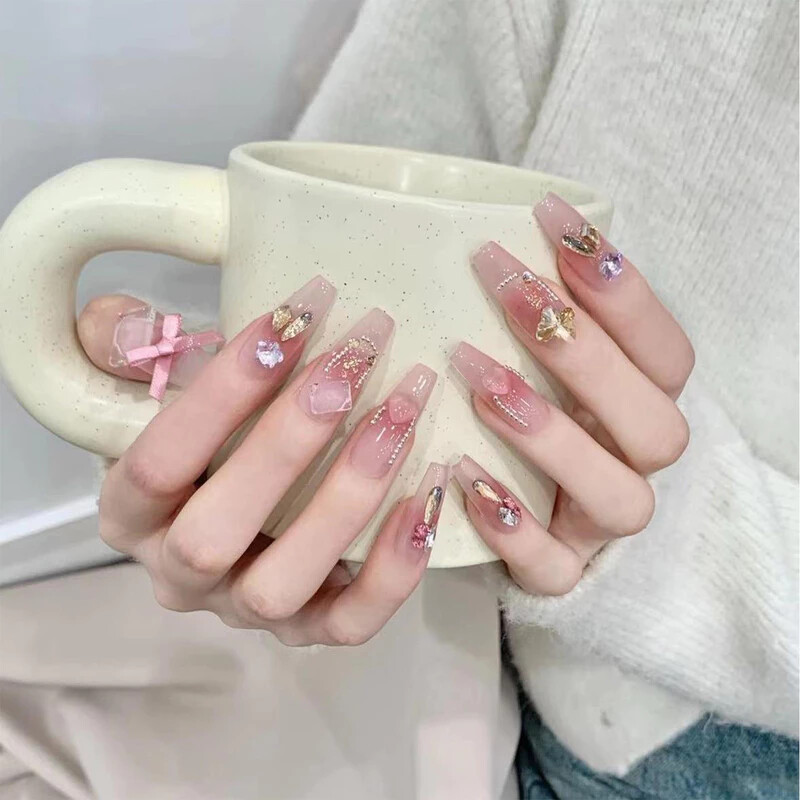 Handmade French 3D Full Of Diamond Bow False Nail Long Coffin Press On Nail Set