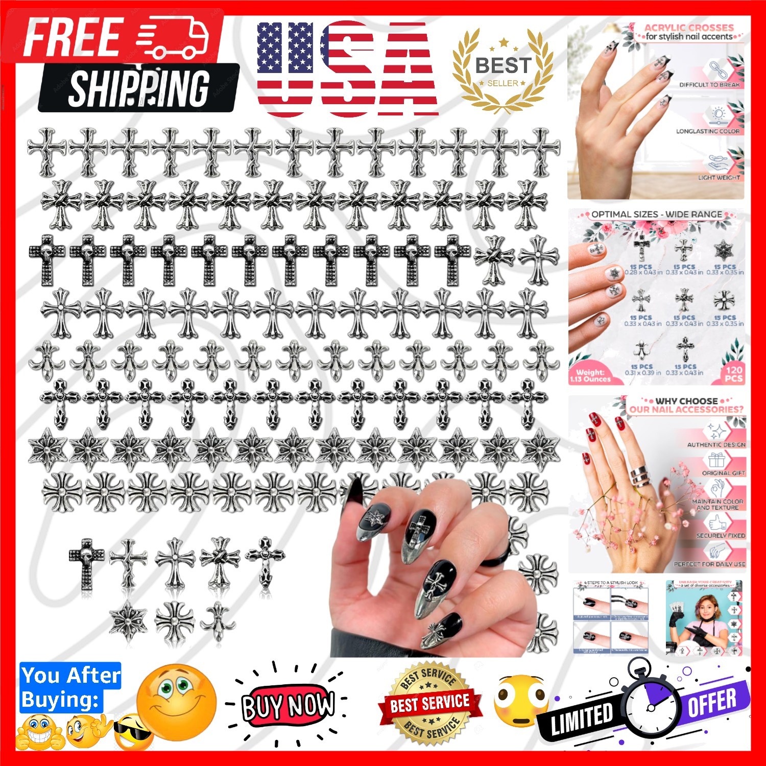 120 Pcs Silver Cross Nail Charms, 3D for Acrylic and Press-On Nails | Cross C…