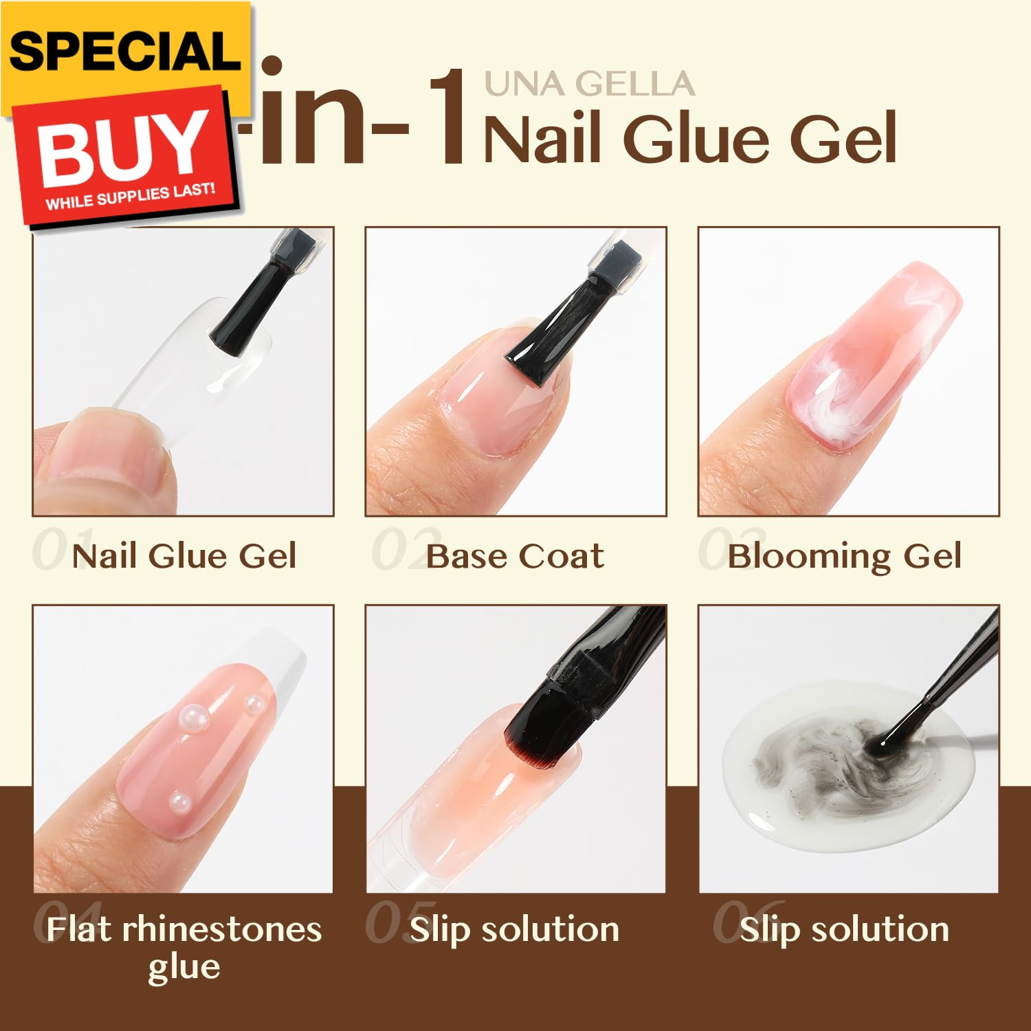 6 In 1 Gel Nail Glue for Clear Acrylic Nails Tips, 15ml Long Lasting Super Stron