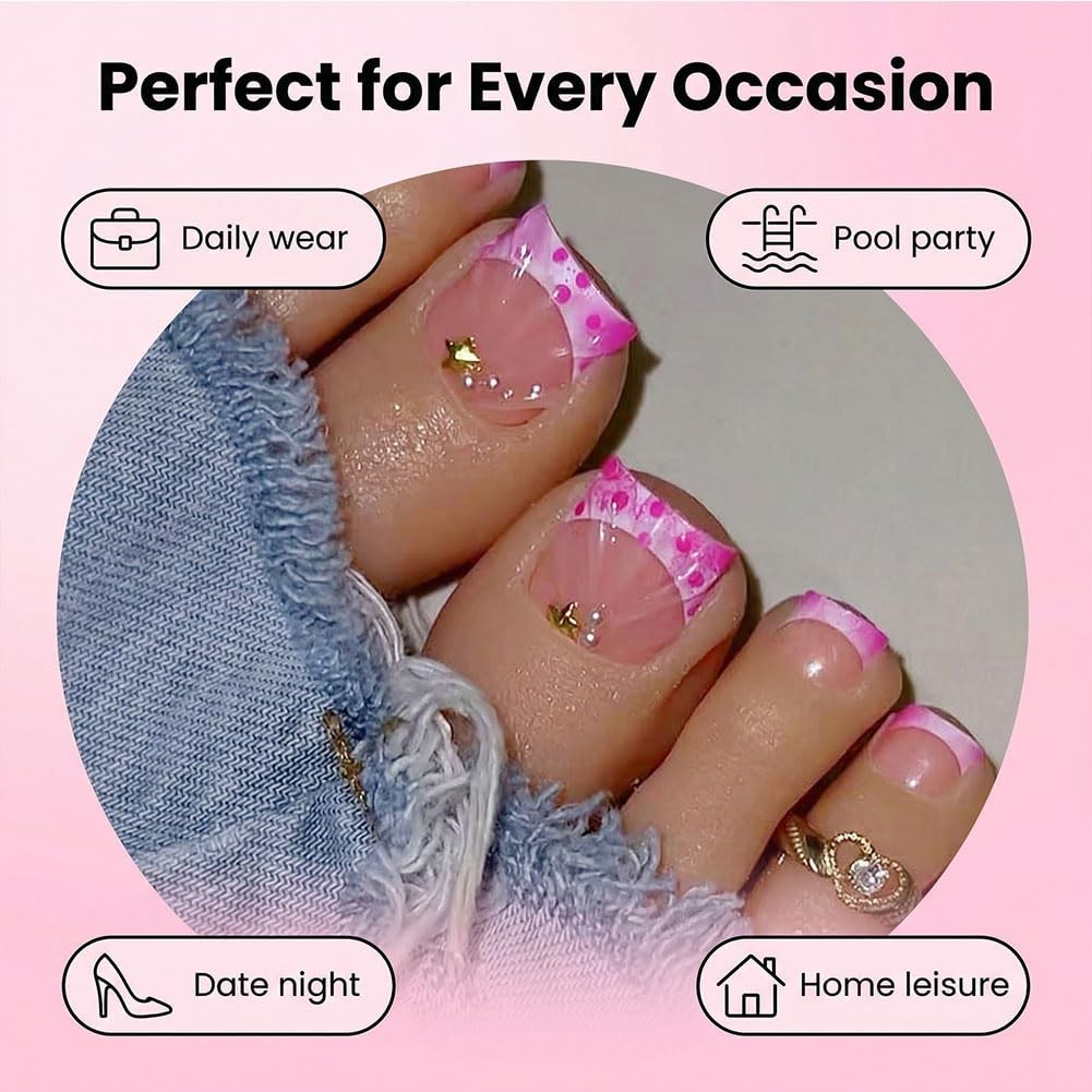 Press on Toenails, Hot Pink French Tip Fake Toe Nail with 3D Design, Glossy R…
