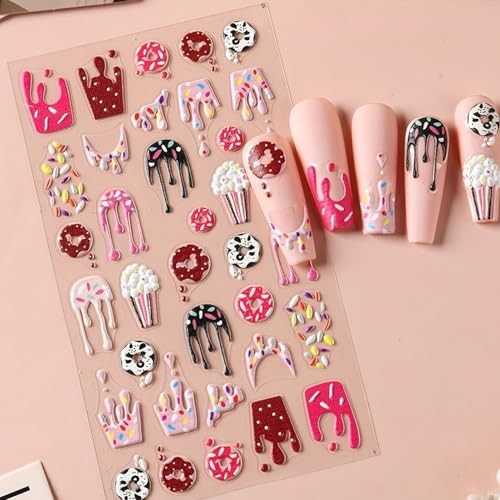 Embossed Dessert Nail Art Stickers – 5D Sweet Doughnut Chocolate Self-Adhesive