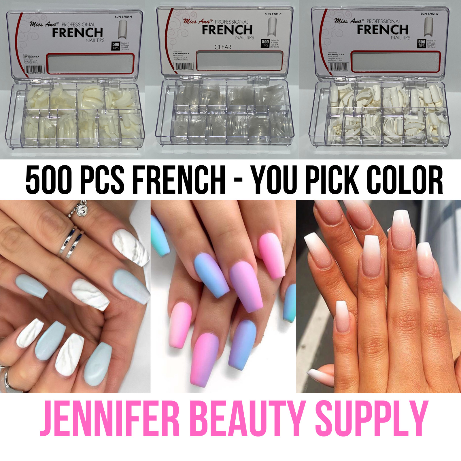 500-1000 PCS COFFIN NAIL TIPS LONG SQUARE FRENCH FAKE FALSE NAILS TRANSPARENT US
