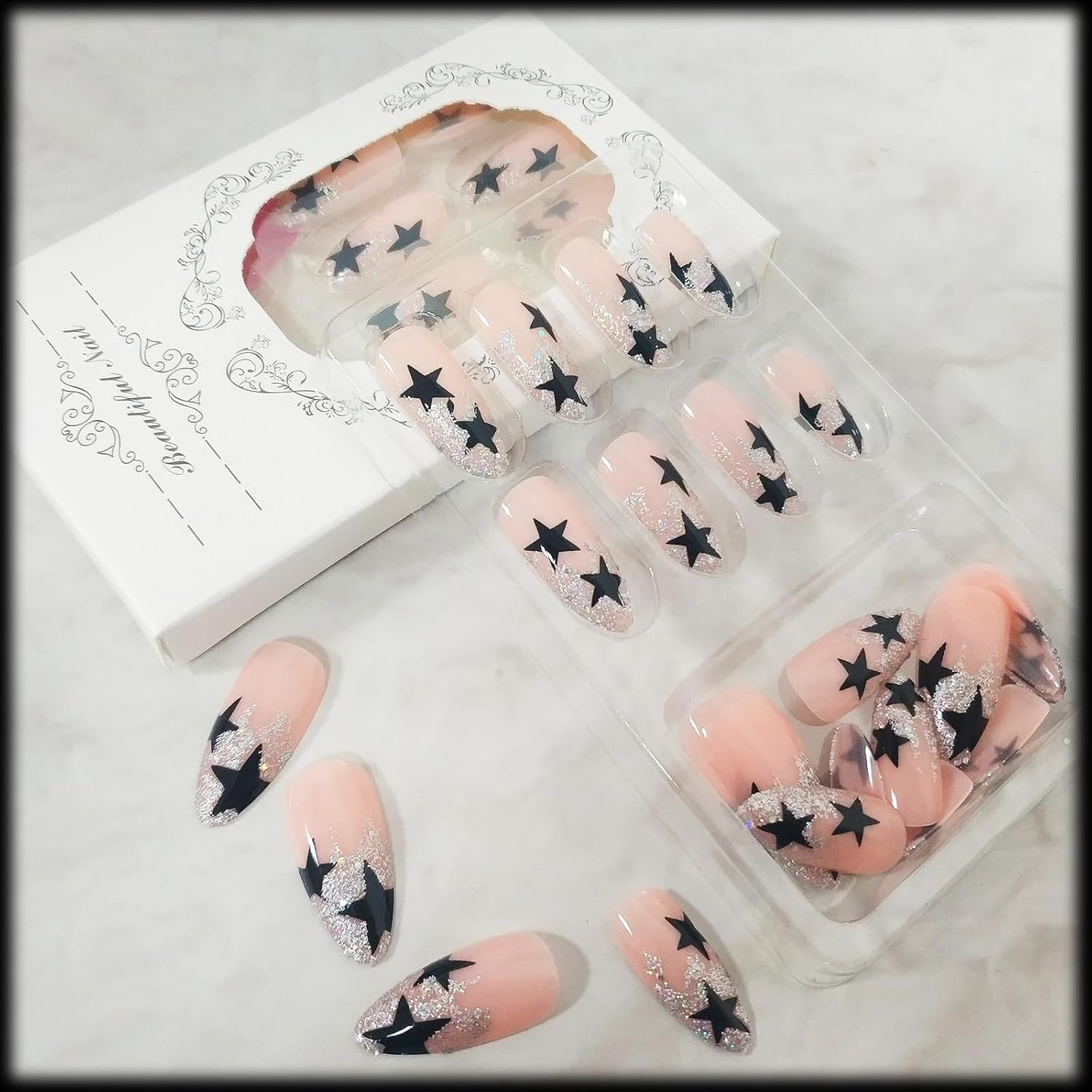 24Pcs Medium Almond Press on Nails with Black Five-pointed Star Design, Glossy S