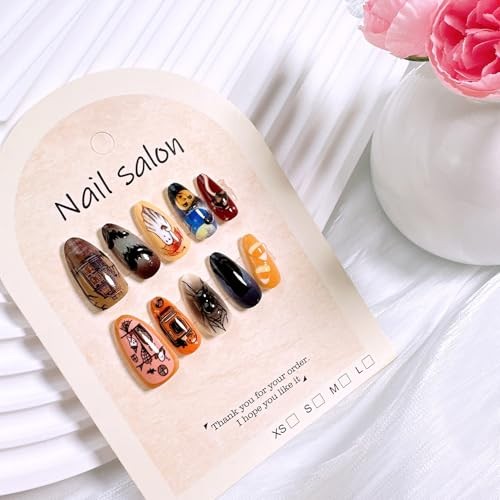 30Pcs Medium Almond Halloween Press On Nails 3D Spider Bat Ghost Designs