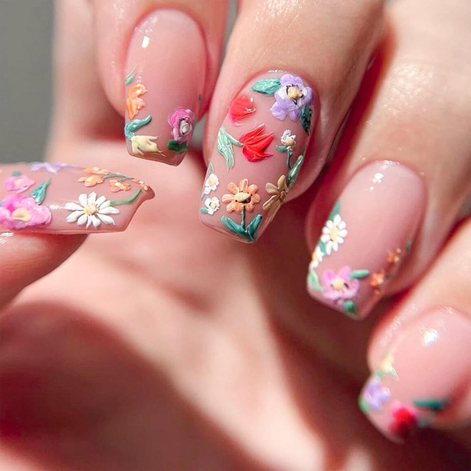 Acrylic Press On Nails Medium Colorful Floral Design Perfect for Any Occasion