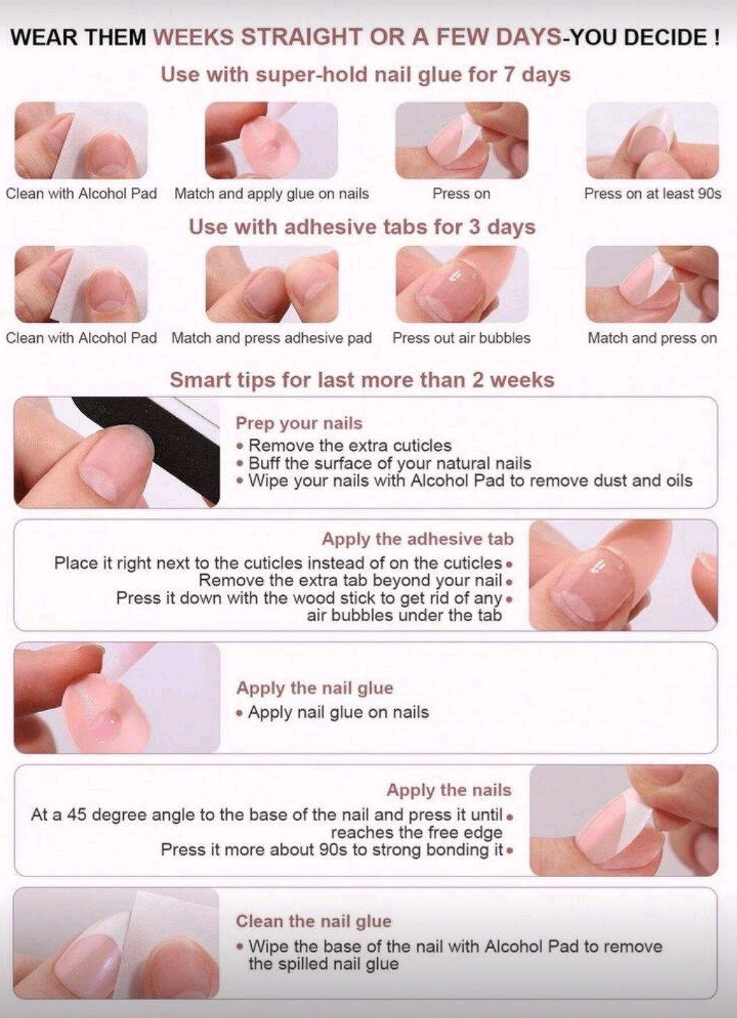 Press-On Nails Summer Light Pink Dark Pink Stars & Butterflies Medium *30 pcs*