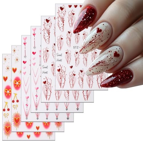 Valentine’s Nail Art Stickers Red Heart Nail Decals 3D Self Red Love Heart Bow