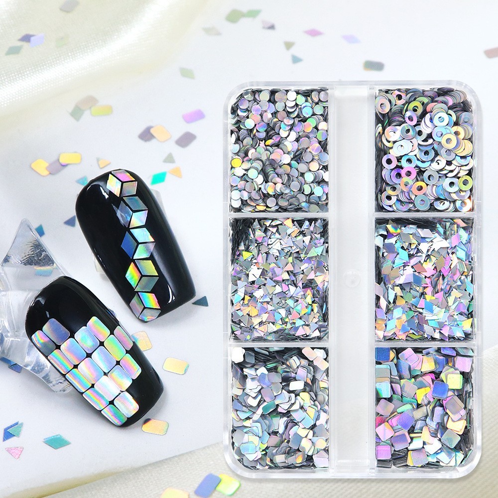 6 Grids Glitter Nail Art Sequins Triangle Hollow Square Mixed Shape Nails Decor