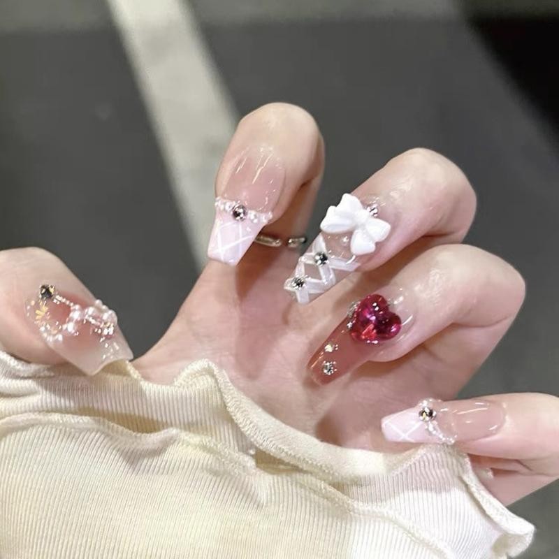 10pcs Long Coffin-Shaped Press On Nail Pink Plaid & Cupid Angel Design Removable