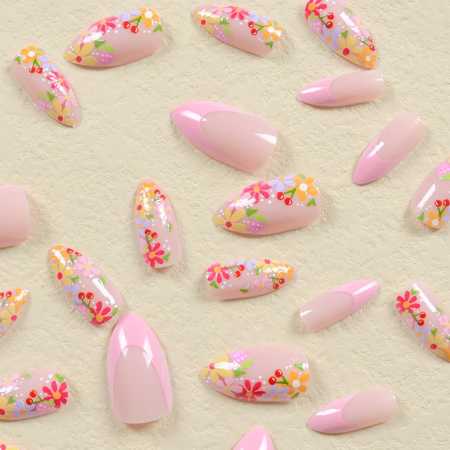 24 Pcs French Tip Press On Nails – Almond Shape, Medium Length, Pink & Colorf…