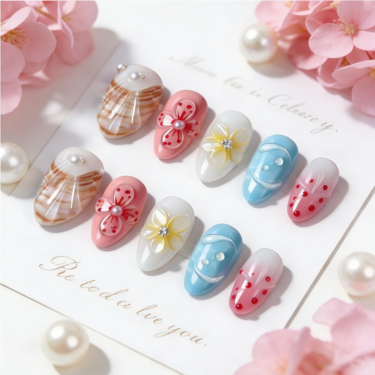 30Pcs Summer Beach Press On Nails Short Almond Fake Nails with 3D Flower Shel…
