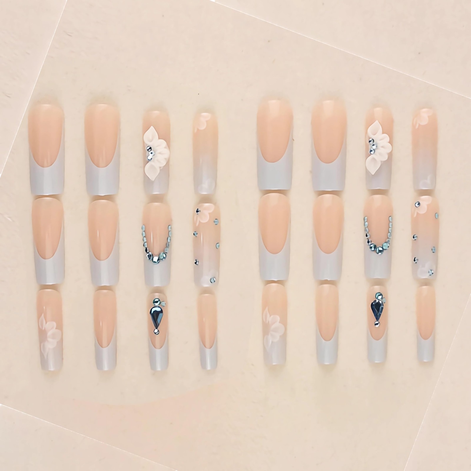 Light Blue French Tip Press On Nails with 3D Flower & Teal Rhinestones