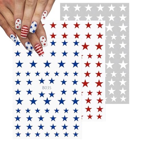 9 Sheets Star Nail Stickers 4th of July Nail Stickers, Red White and Blue 3D