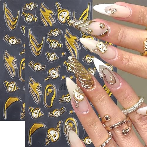 2Sheets Vintage Watch Nail Art Stickers 5D Embossed Gold 5D Gold Irregular 14