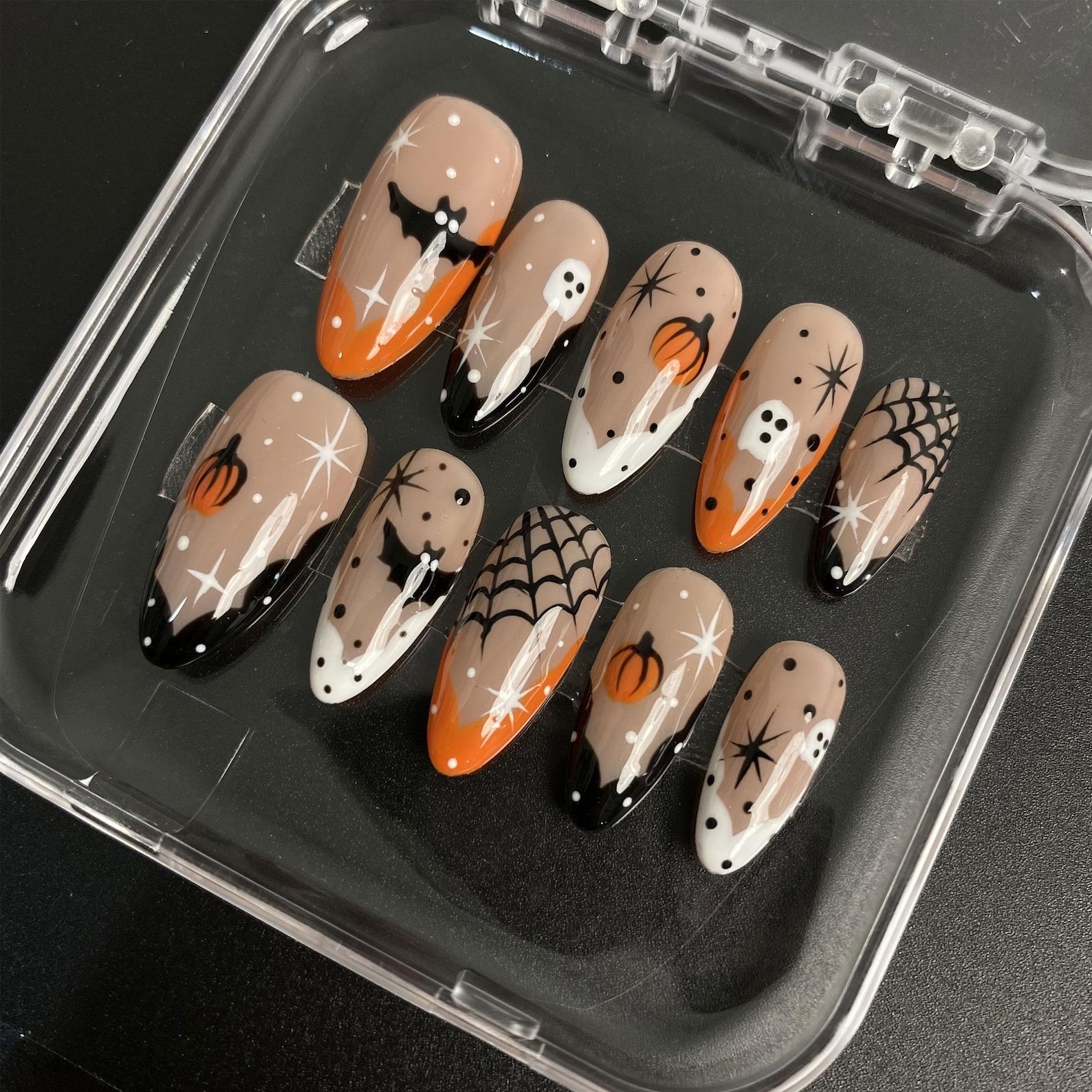 Custom Handmade Halloween Bat Ghost Pumpkin Spider Web Nude Almond Press on Nail