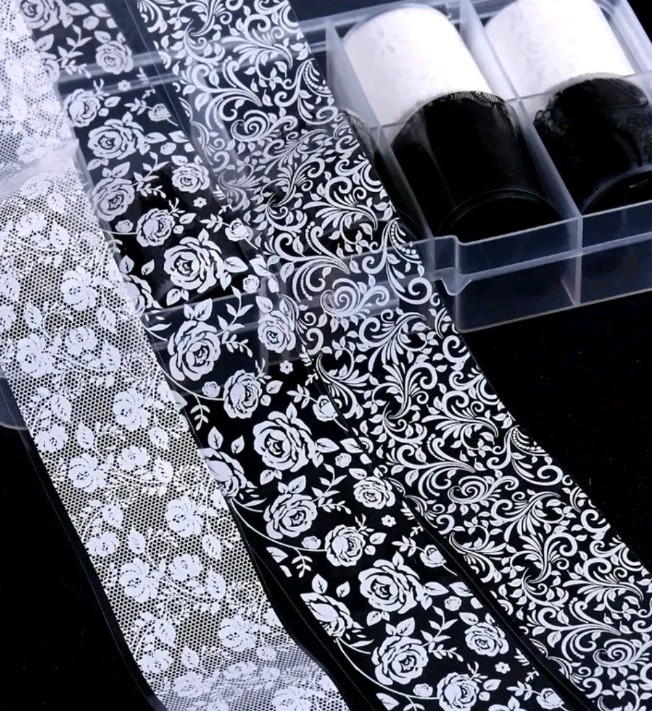 10 Rolls Nail Art Transfer Foil Black White Lace Paisley Roses Set Stickers Lot