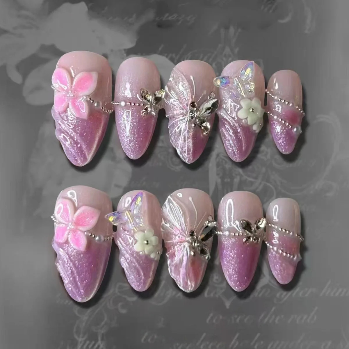 24Pcs Wearable False Nails 3D Flower Strawberry Green Gradient Pearl Mid-length