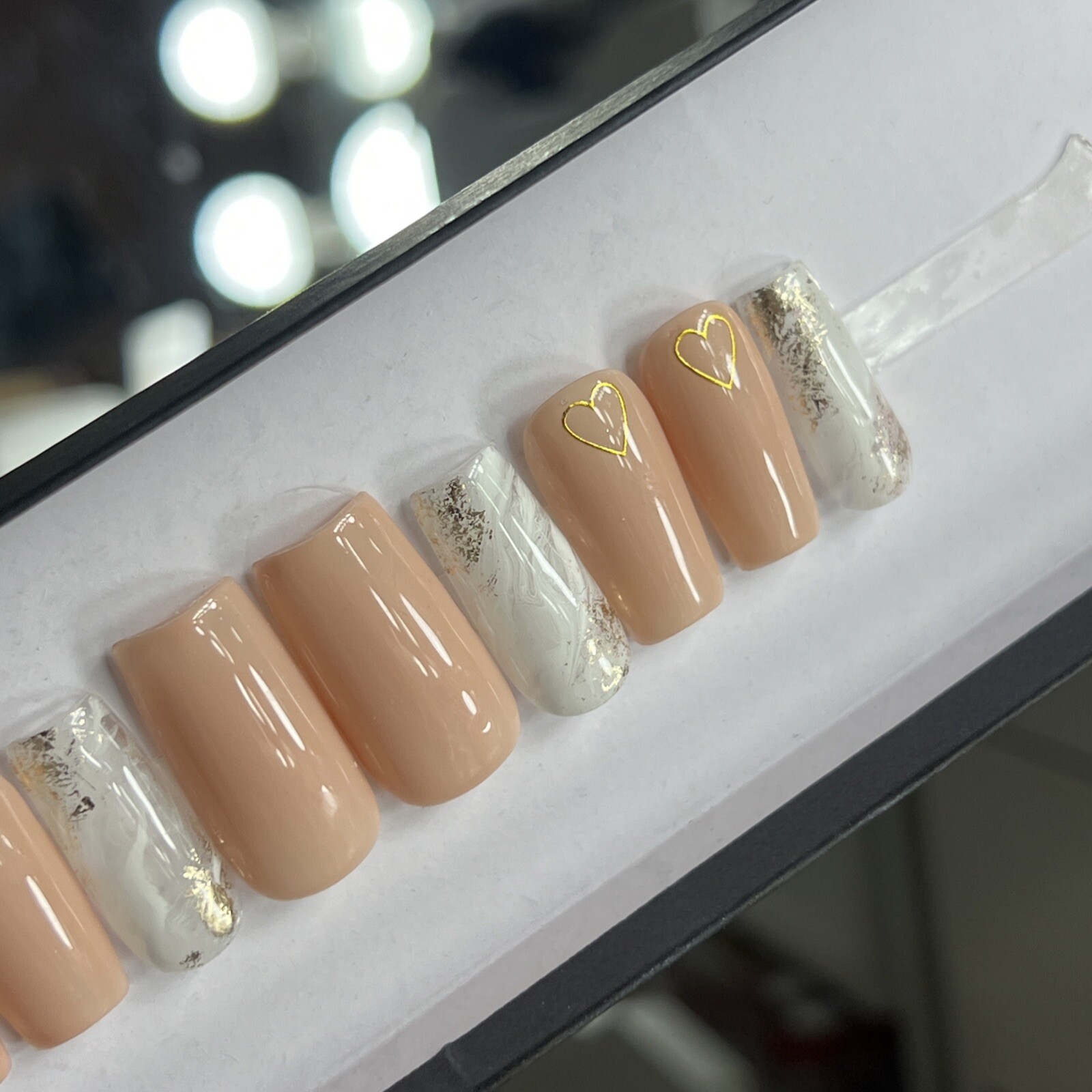 💕 CUSTOM Gel Press On Nails, MARBLE Nude HEART W BLING 10p FULL SET W Kit