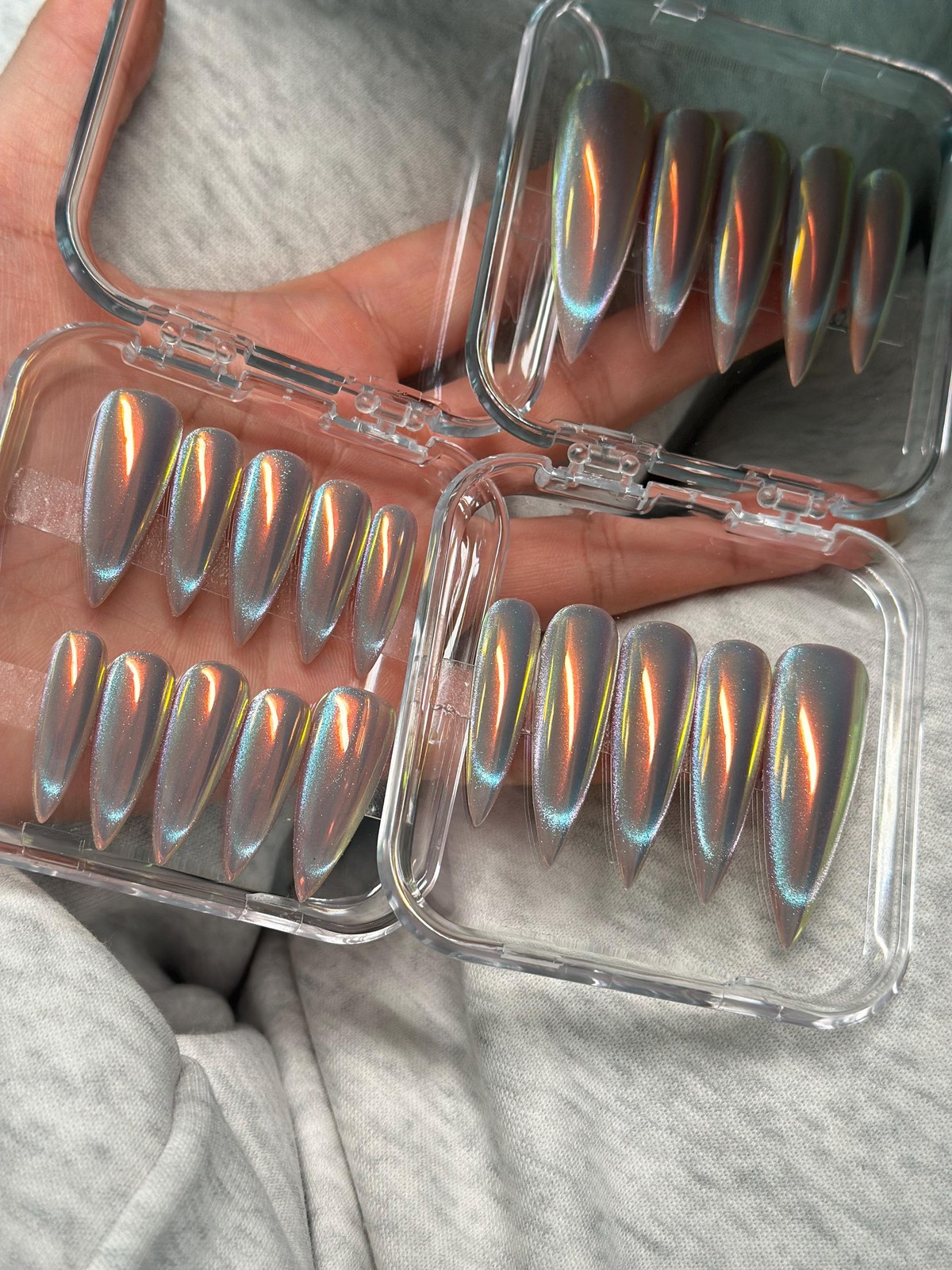Custom Handmade Silver Holographic Chrome Long Stiletto Press on Nails