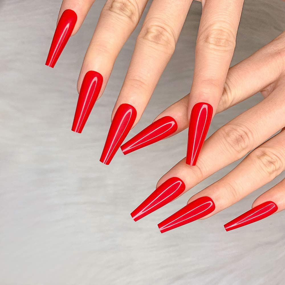 24pcs Red Coffin Press On Nails Long Glossy Fake Nails Manicure Set Acrylic Tips