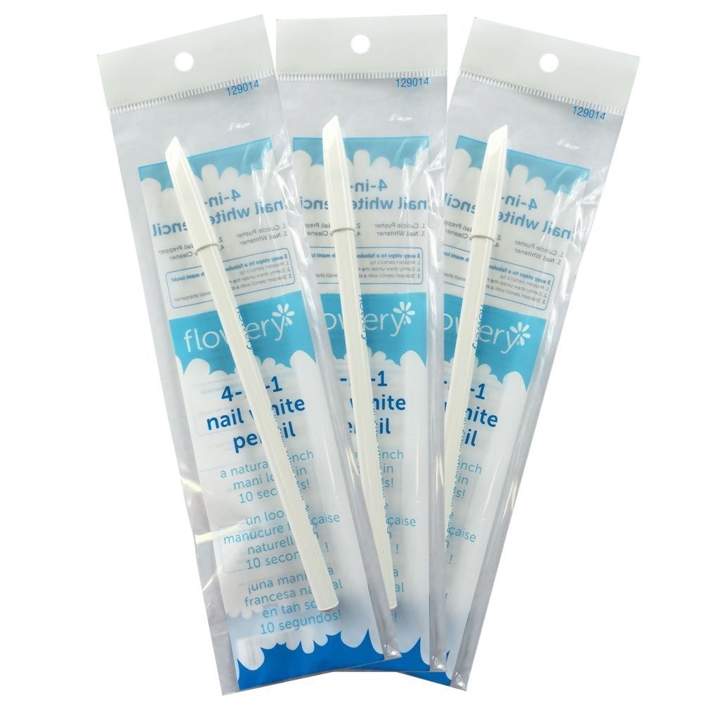 Flowery Nail White Pencil with Cuticle Pusher Cap – Set of 3