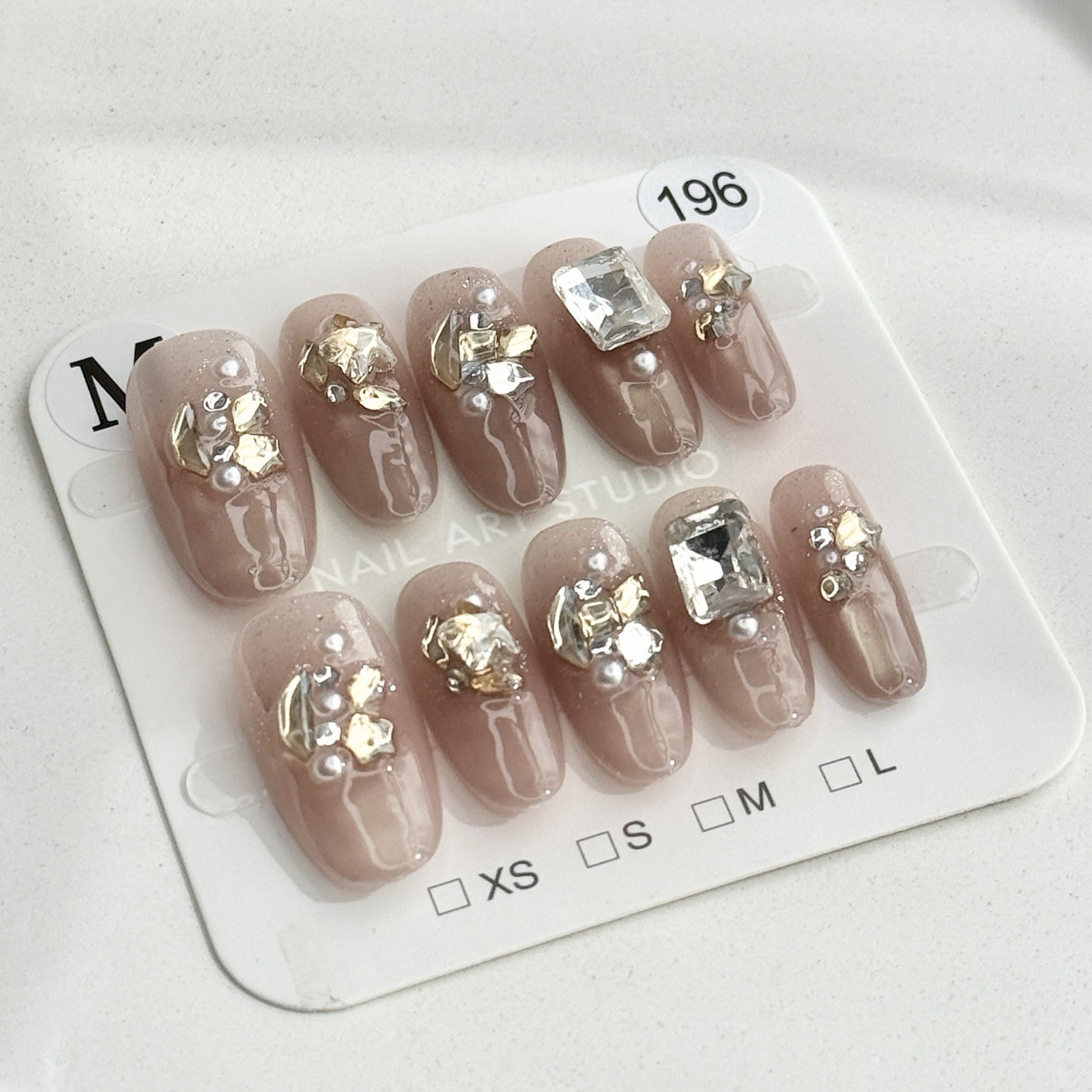 Handmade Pink Rhinestone Ring Press-On Nails Medium Oval SizeM Reusable