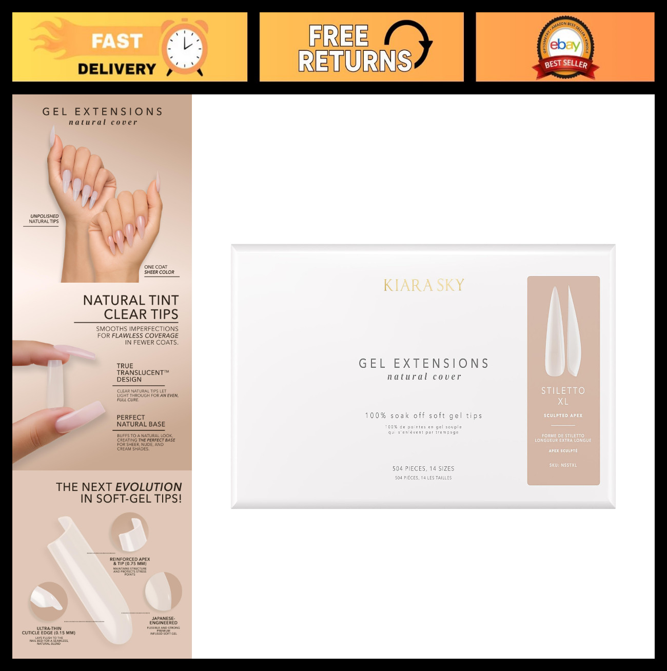 Natural Cover Gel Nail Extension Tips – 504 Sculpted Stiletto XL Pieces