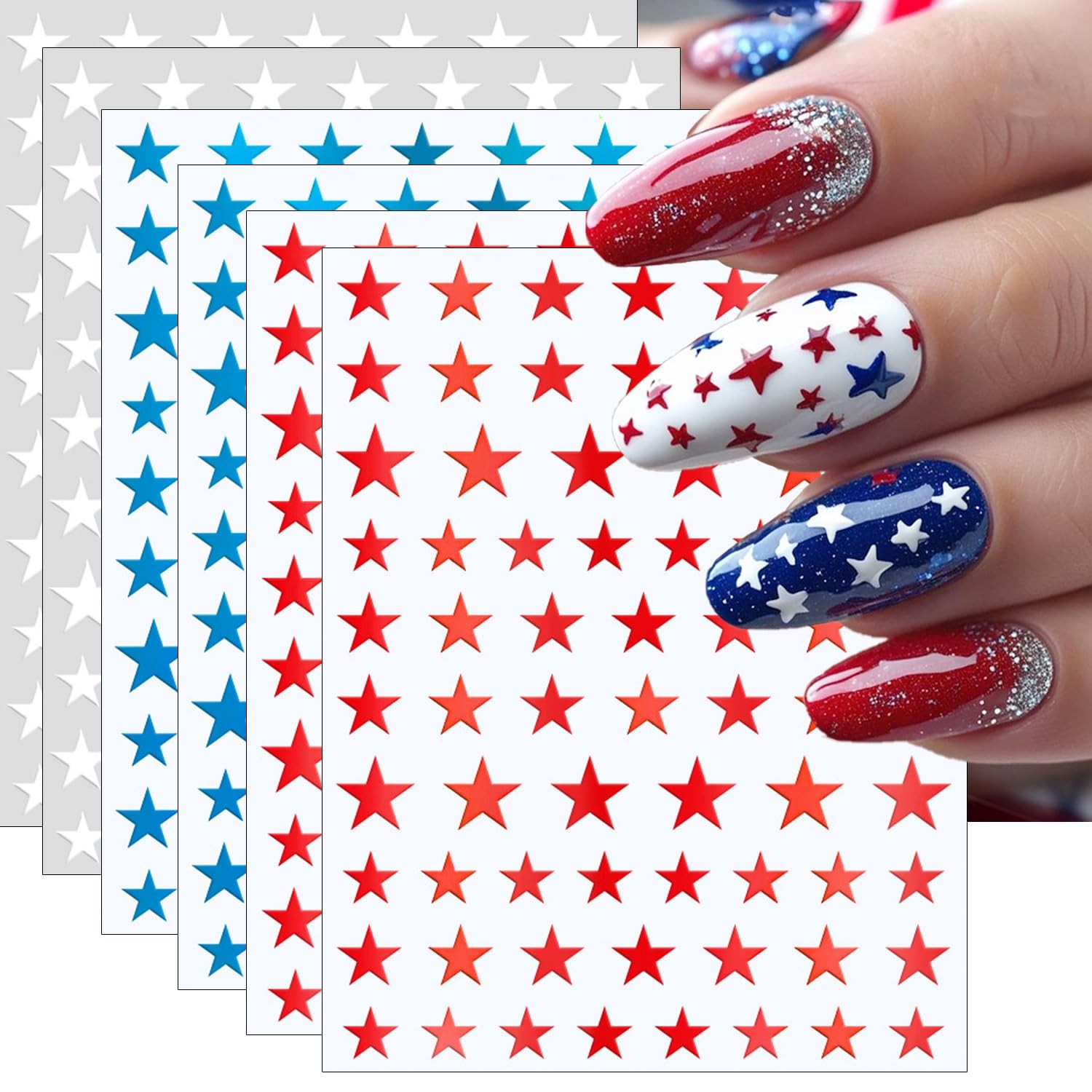 4th of July Nail Art Stickers, 6 Sheets Shiny Star Nail Decals 3D -Adhesive R…