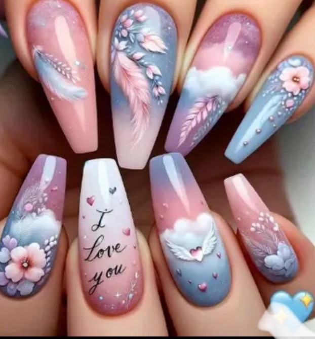 24pcs Romantic Love Clouds Long Coffin Press On Nails Boxed With Glue & Tabs