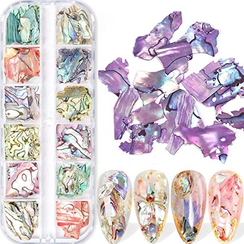 12 Grids Abalone Seashell Slices,Irregular Abalone Shell Slices Nail Art