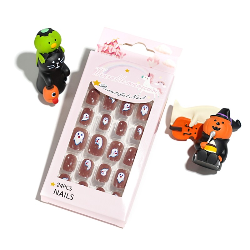 Halloween Press On Nails Child Adult Wearable Nail Patch Witch Broom 24-pack