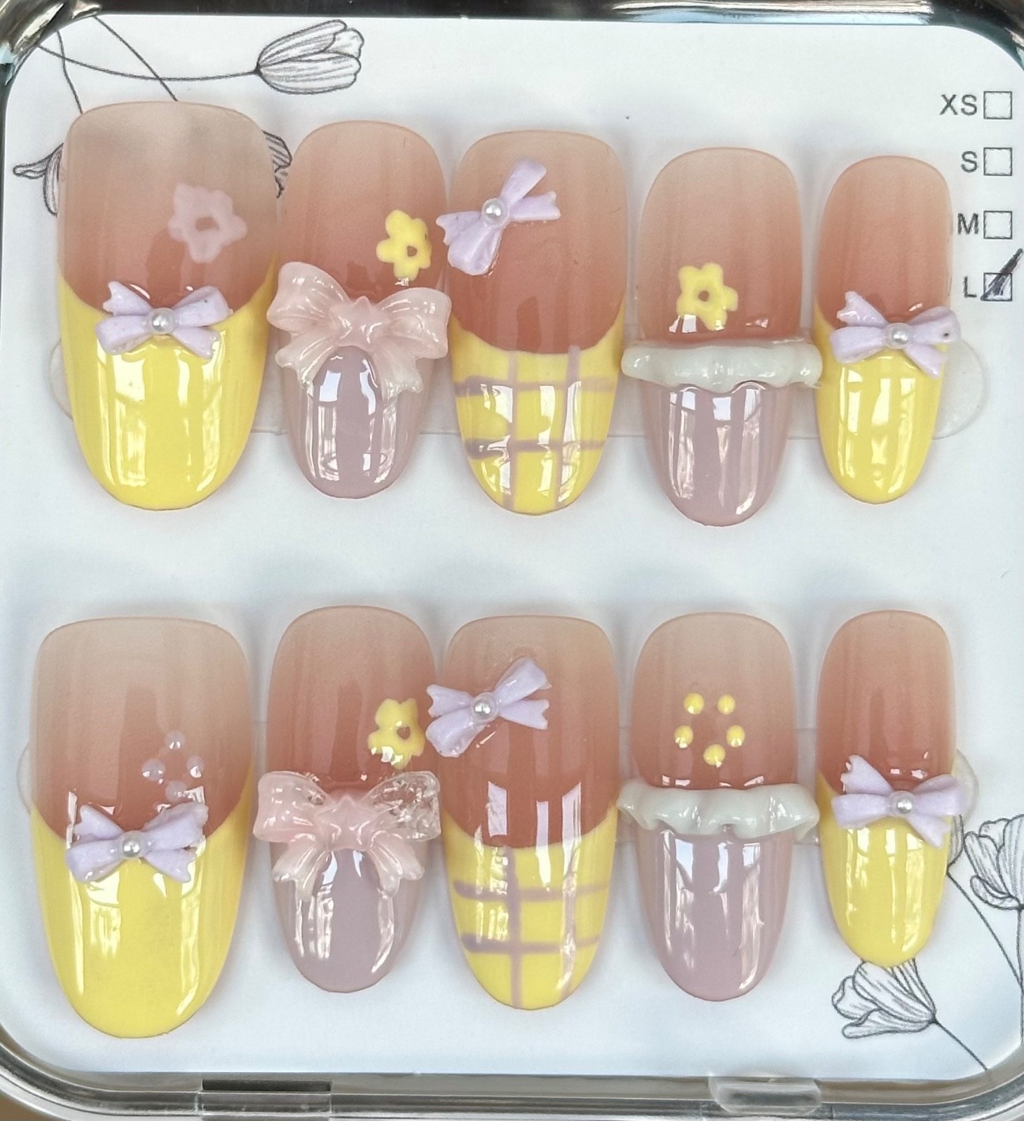 Press-On Gel Nails Set: Preppy Pastels, medium oval shape, size L