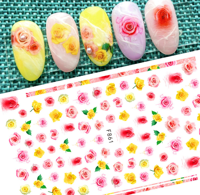 3D Nail Stickers Decals Valentine Red Blue Pink Rose Flower Love Decoration NS3