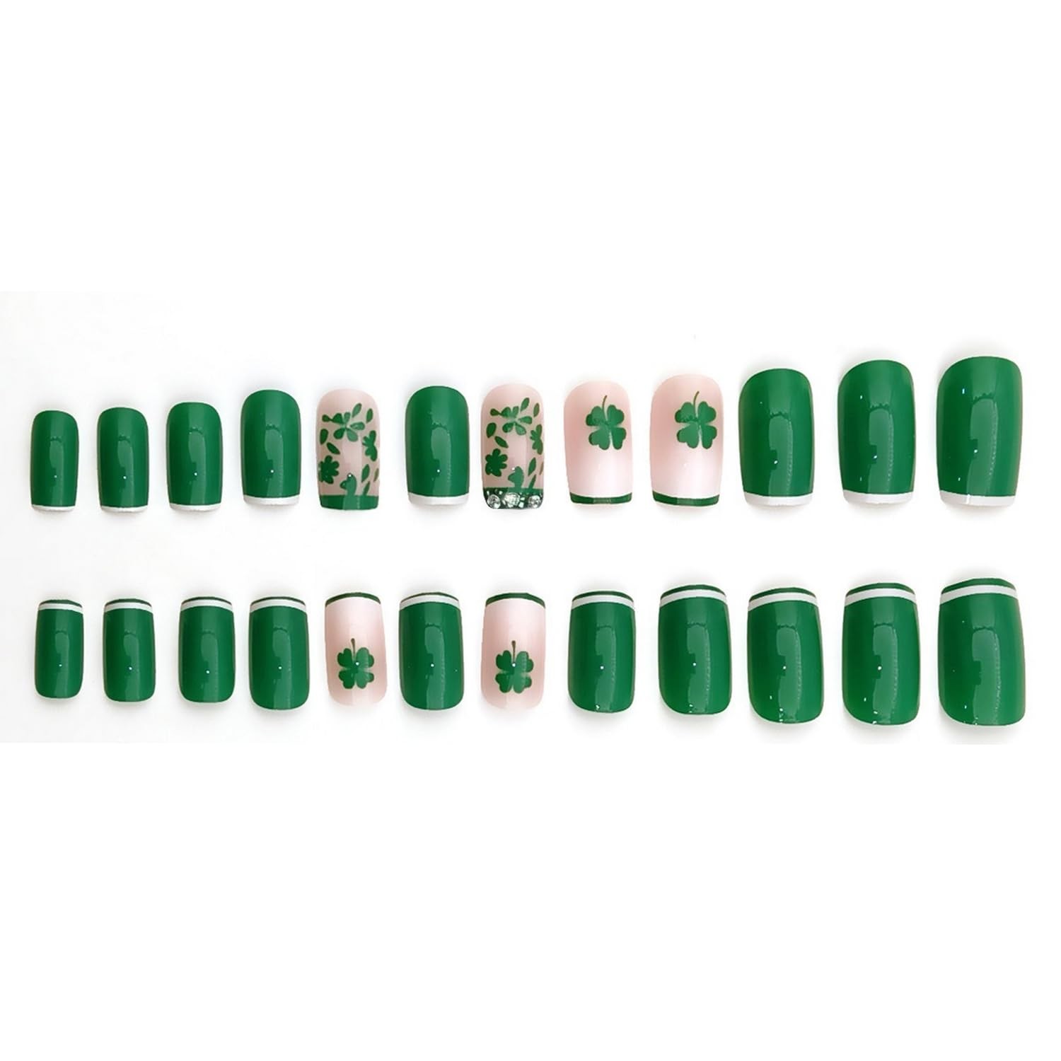 24 Pcs St. Patrick’s Day Press on Nails Green White French Tip Fake Nails Short