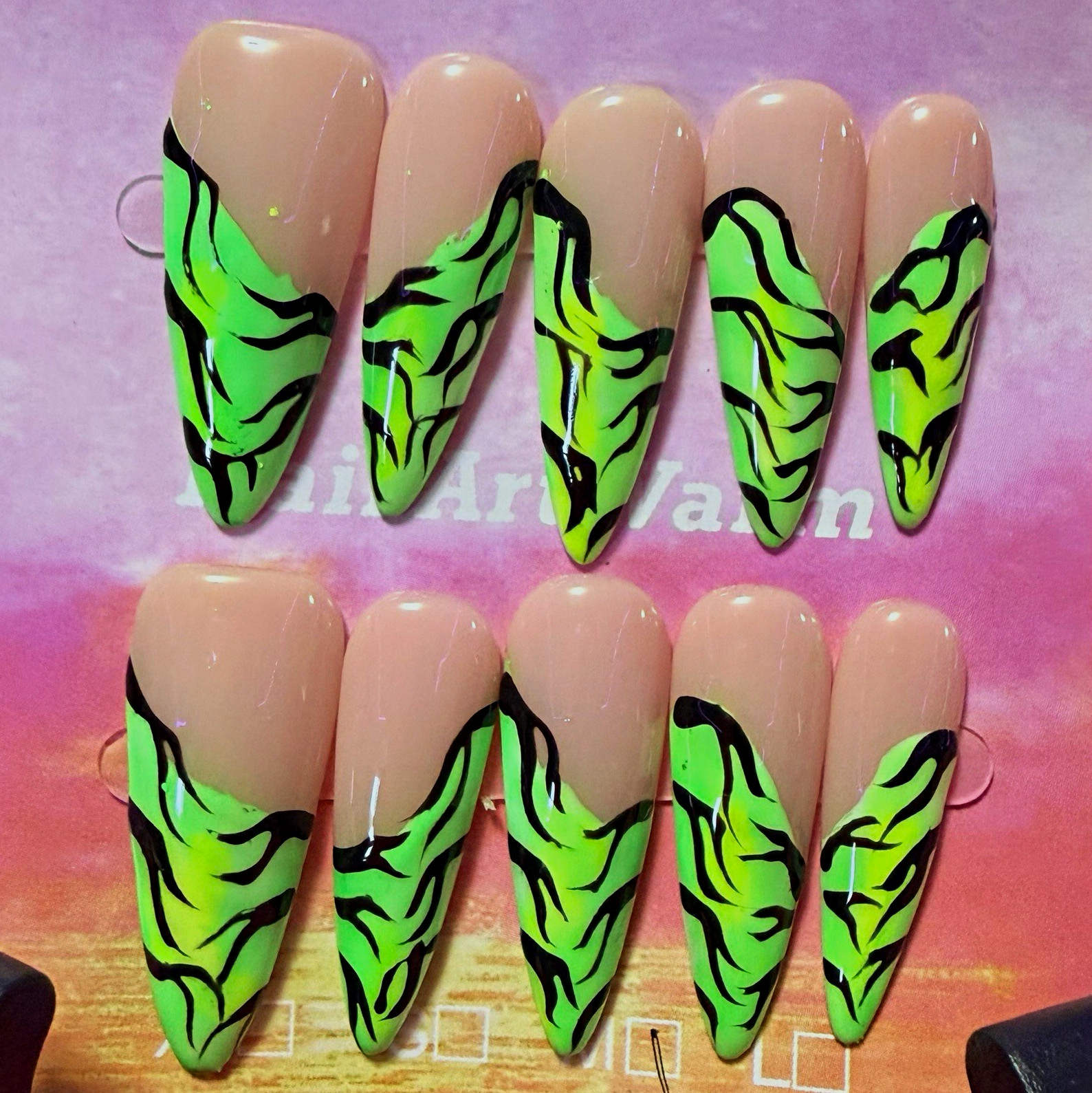 Nude/Green/Black Animal Coffin Press-On Nails, Long Shiny Pre-Designed Acrylic