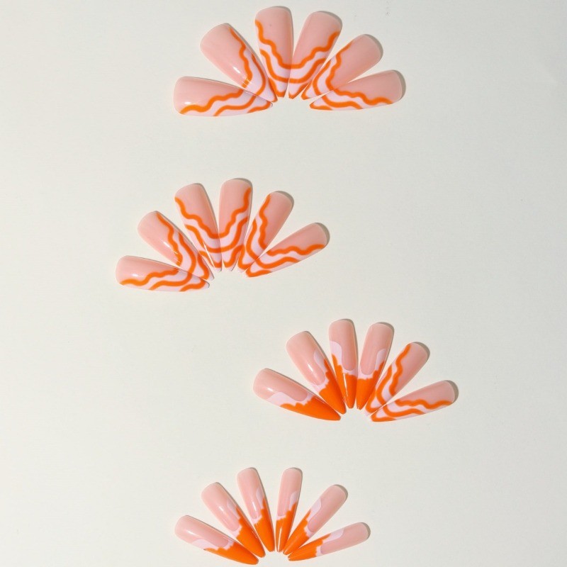 48pcs-Nude Stiletto Nail with Ombre Orange Tips and Hand-Painted White Swirl Art