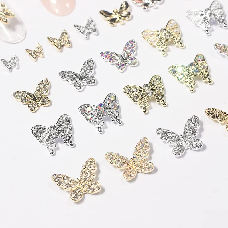 22 Pcs Gold Silver Butterfly Nail Charms Stainless Alloy Art Decoration