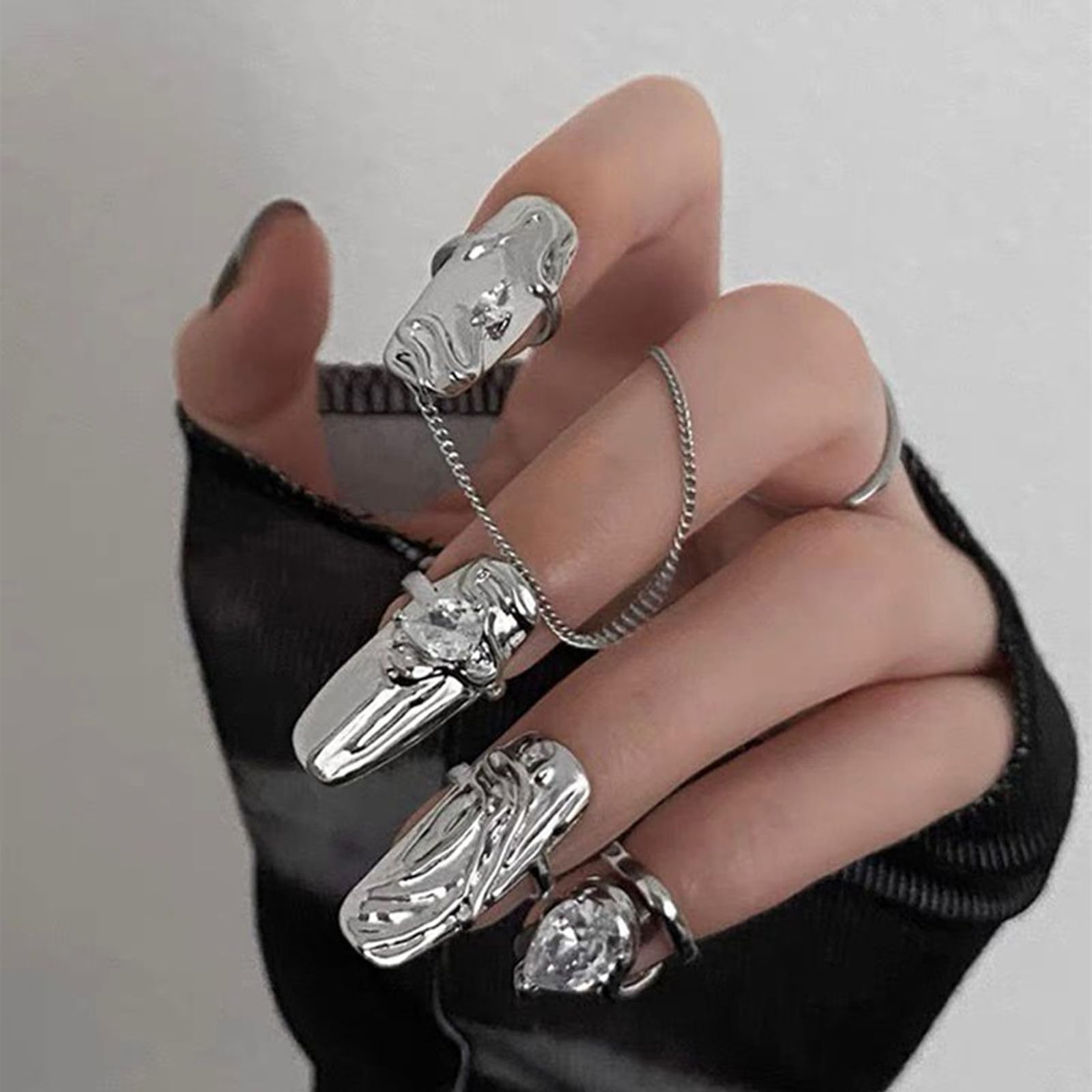 Silver Punk Finger Nail Tip Claw Rings, rhinestone Adjustable Open Nail Rings…