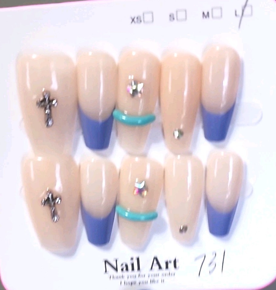 Press-On Nails Long Coffin Full Cover Acrylic, Beige/Blue Shiny Cross Design