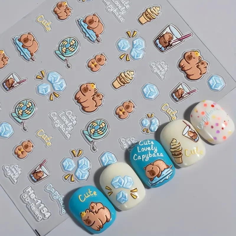 Nail Art Stickers Capybara Ice Cream Fan Water 3D Gel Cute Summer Decals