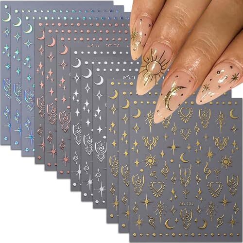 12 Sheets Metallic Nail Stickers Sun Star Nail Art Stickers 3D Self-Adhesive