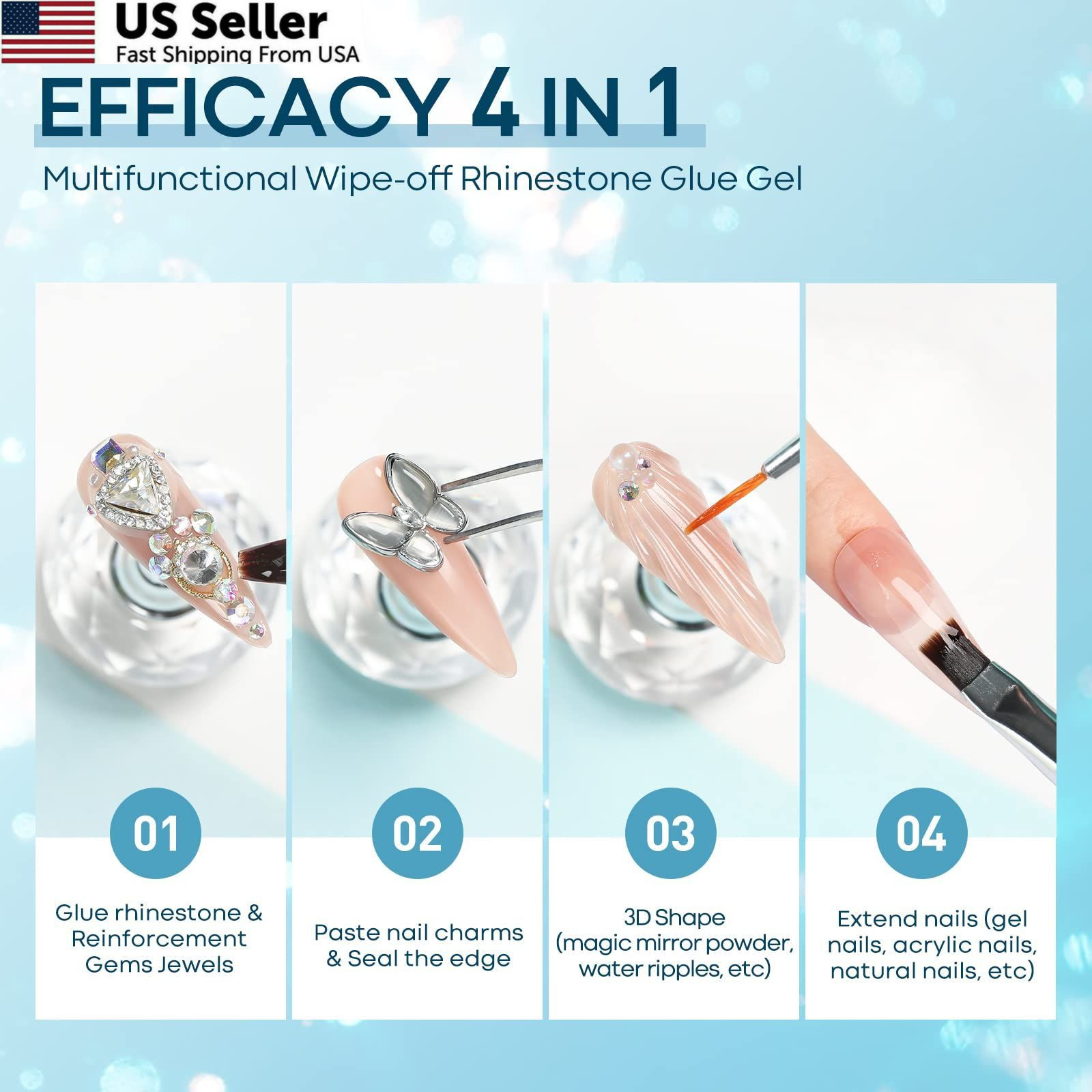 2x5ml Rhinestone Glue No Wipe Nail Gem Glue Super Strong Adhesive Charm Brush