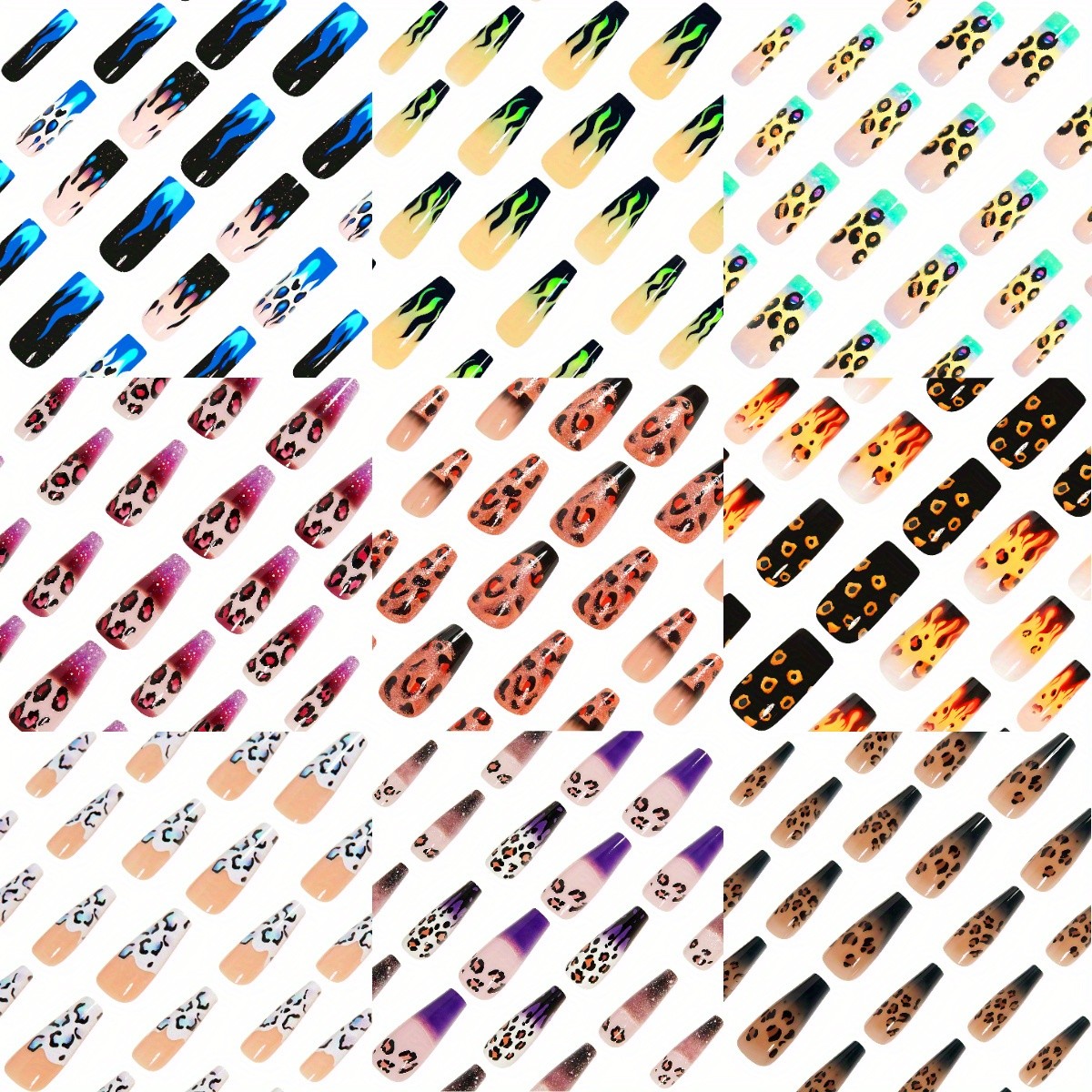 216pcs Bold Leopard Flame Press On Nails Neon Color Long Fake Nails for Party