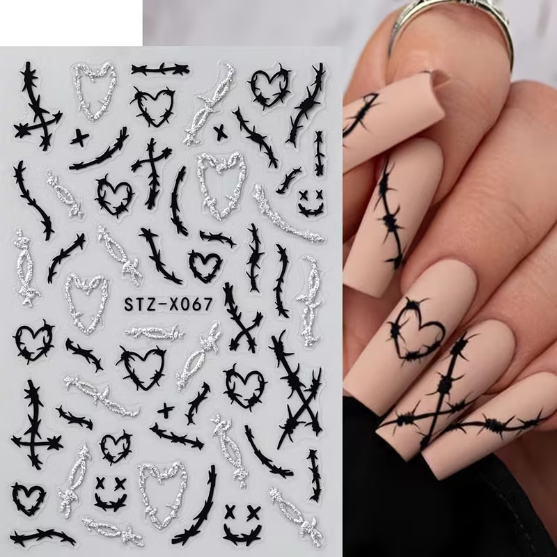 Black Heart & Thorn Nail Art Stickers Gothic Silvery Pattern Self-Adhesive