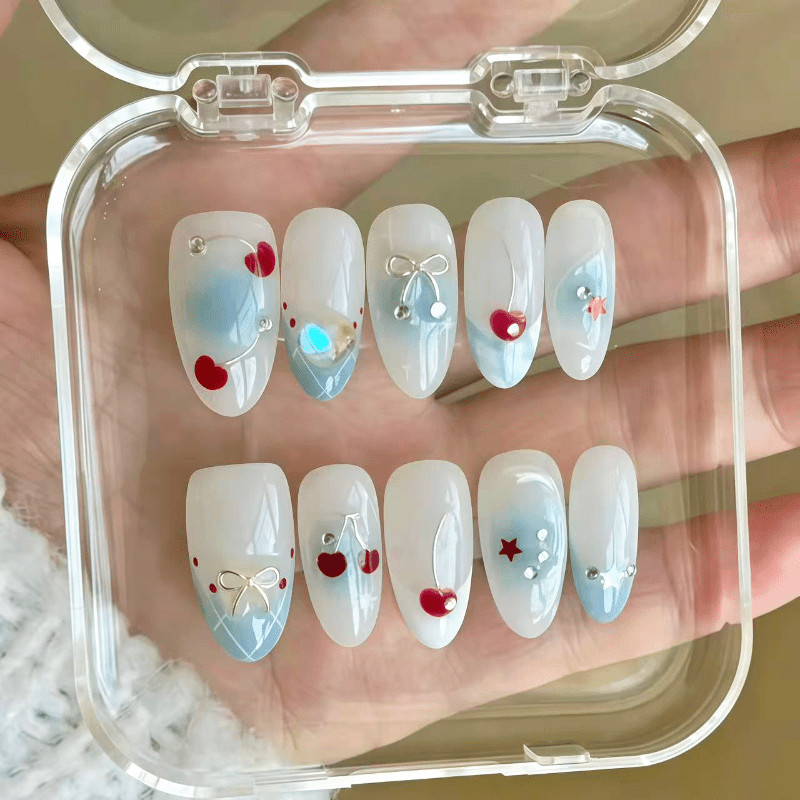 60pcs Almond Press on Nails, Baby Blue Cherry Bow Heart Sweet Gloss Nails