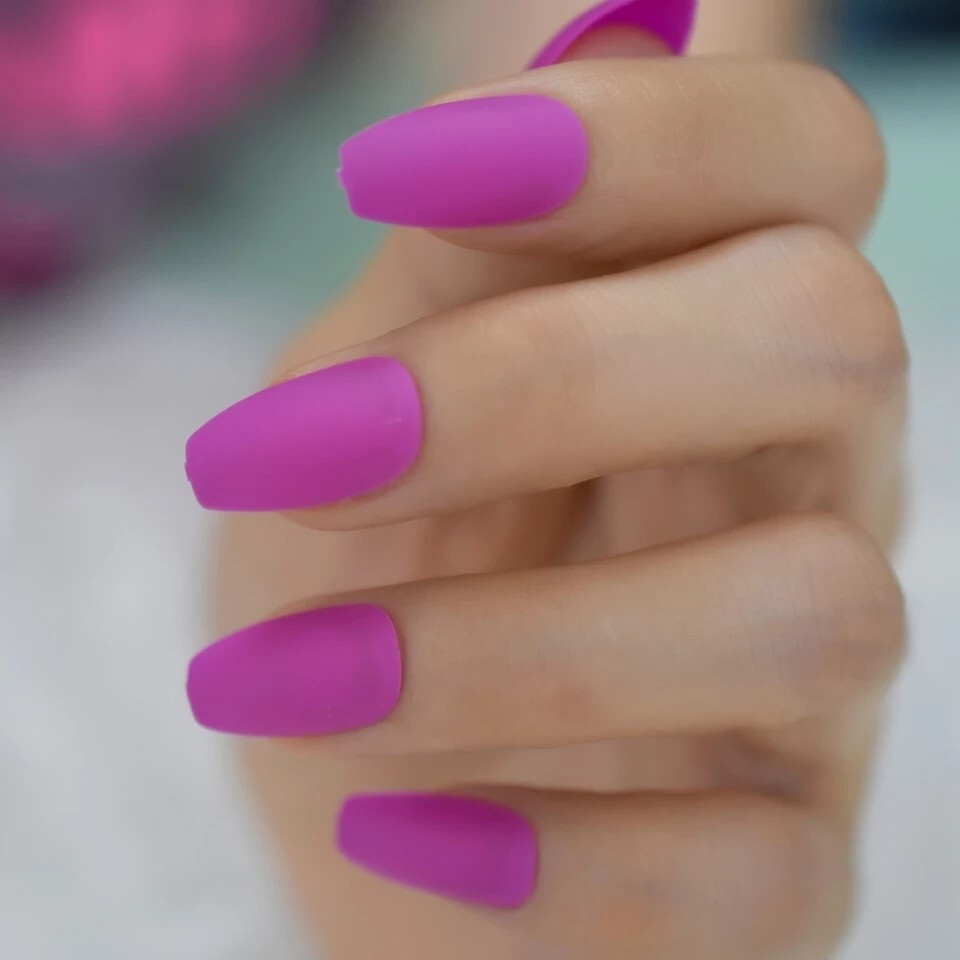 24 Matte Fuschia Press On Nails w/ Glue glitter bright purple medium coffin