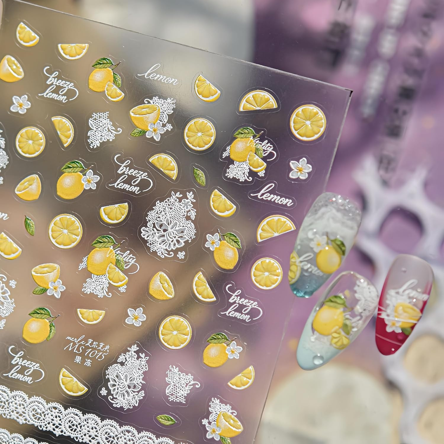 1Pcs Lemon Nail Stickers 5D Embossed Fresh Fruits Nail Decal White Lace Nail Des