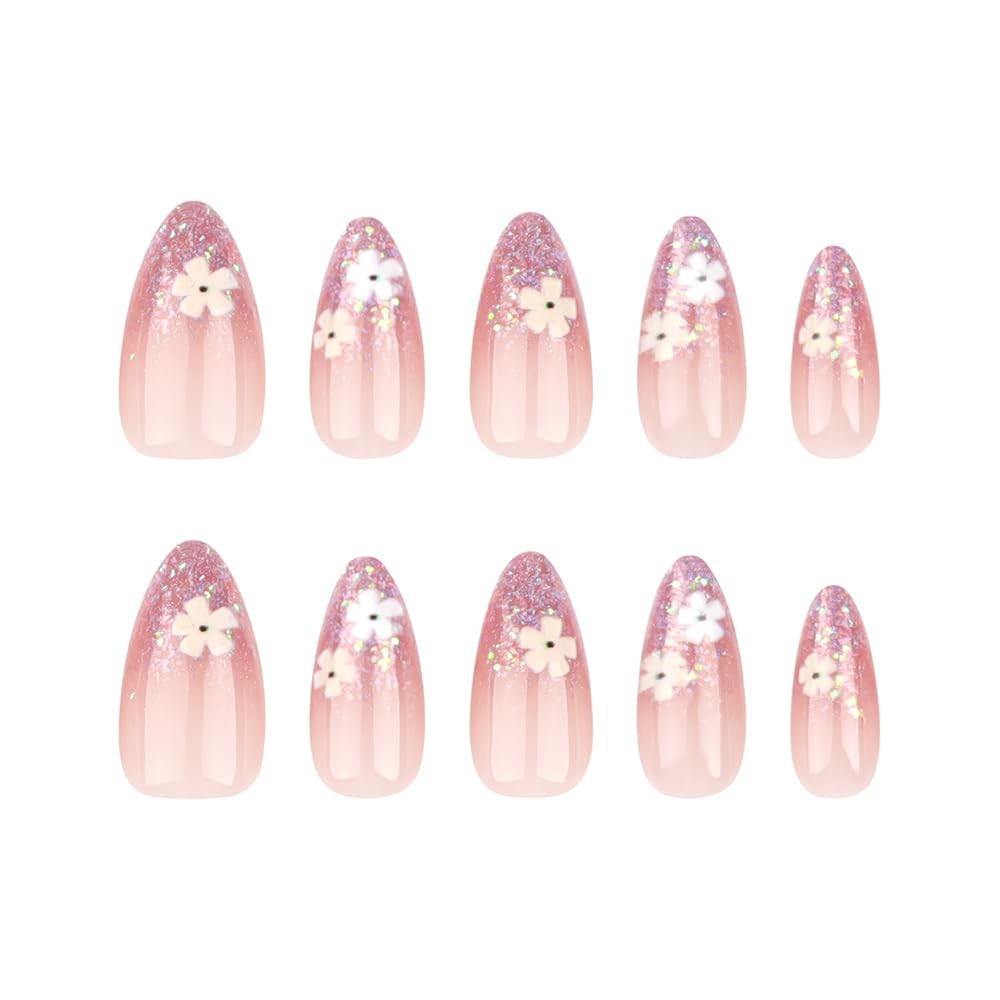 24 Pcs Pink Press on Nails Short Almond Nail Tips,Flower Acrylic Nail Kit Gli…