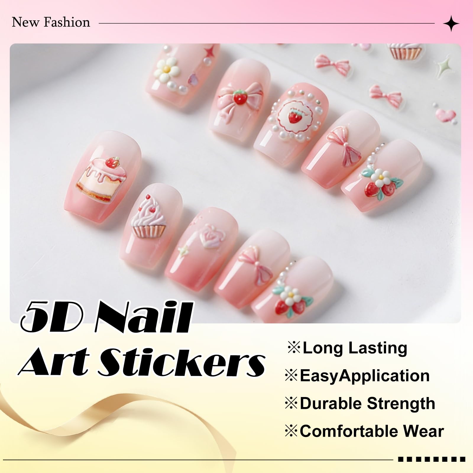 5D Embossed Pink Nail Stickers for Nail Art Cake Strawberry Bow Nail Decals A…
